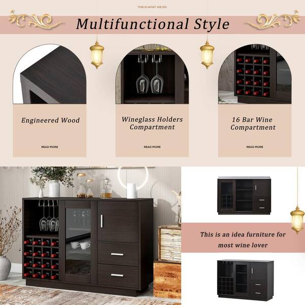 47 in. W x 16 in. D x 33.3 in. H Espresso Particle Board Ready to Assemble 16 Bar Wine Compartment Kitchen Sideboard