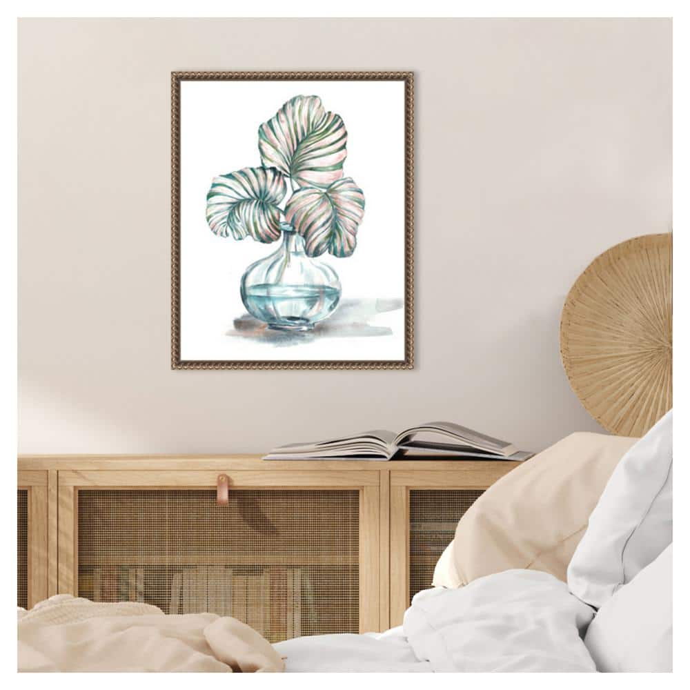 Contemporary Green and Pink Leaf Print on Canvas with Bronze Frame