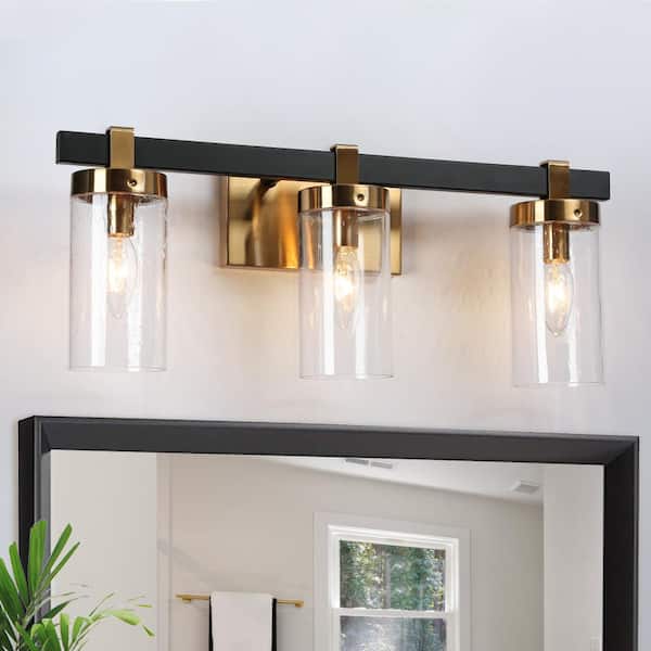 Zevni 20 in. 3-Light Modern Antique Brass Bathroom Vanity Light, DIY Transitional Bath Light, Seeded Glass Black Wall Sconce
