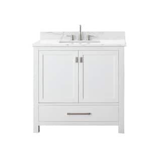 Modero 37 in. W x 22 in. D Bath Vanity in White with Engineered Stone Vanity Top in Cala White with White Basin