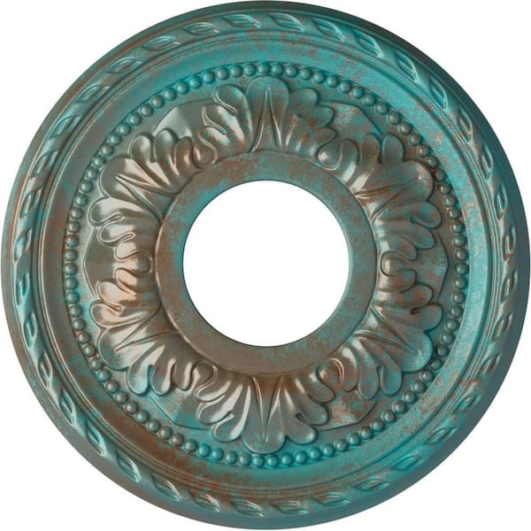 Ekena Millwork 7/8 in. x 11-3/8 in. x 11-3/8 in. Polyurethane Palmetto Ceiling Medallion, Copper Green Patina