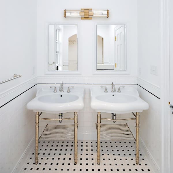 Allison 18 in. 2-Light Warm Brass Industrial Vanity Light with Clear Ribbed Glass Shades