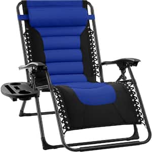 Blue Metal Folding Outdoor Patio Recliner, Anti Gravity Lounger for Backyard, Cup Holder, Side Tray