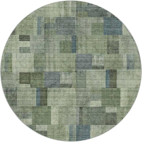 Dream Shag Premium Machine Washable Abstract ADS639 Green 8 ft. x 8 ft. Round Rug