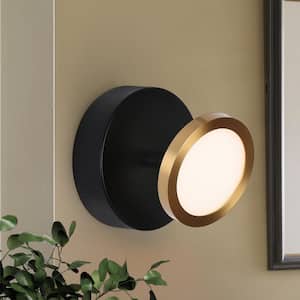 4 in. Modern 1-Light Black Integrated LED Bathroom Round Wall Sconce, Brass Gold Adjustable Wall Light