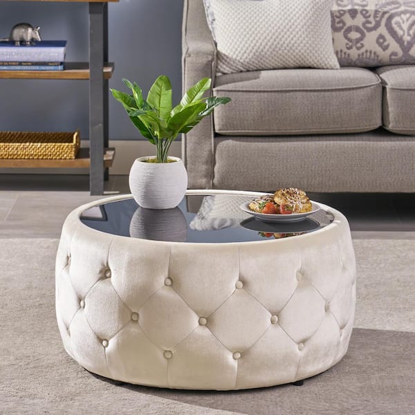 Unbranded Beige Series Metal Outdoor Ottoman with Tempered Glass Top and Button-tufted Diamond Stitch -1-Pack