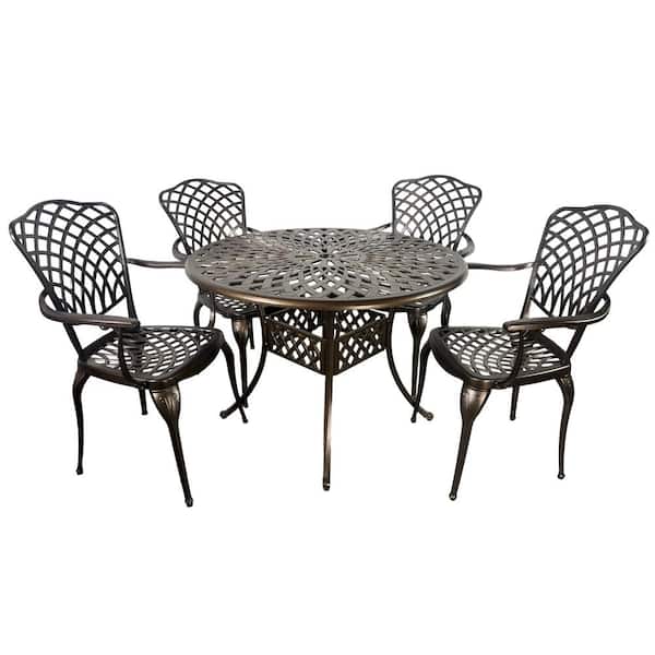 Kinger Home Arden 5-Piece Cast Aluminum Outdoor Patio Dining Table Set with a Lattice Weave Design in Bronze
