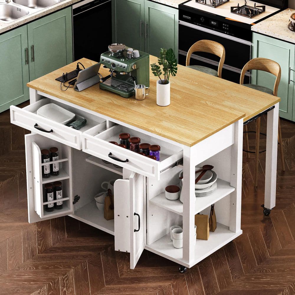 White Kitchen Cart with Extendable Dining Table, Internal Racks, 4 Open Side Shelves, 2-Drawer, Power Outlet