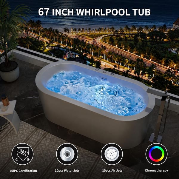 CASAINC 67 in. x 32 in. Oval Whirlpool Bathtub in White with 10