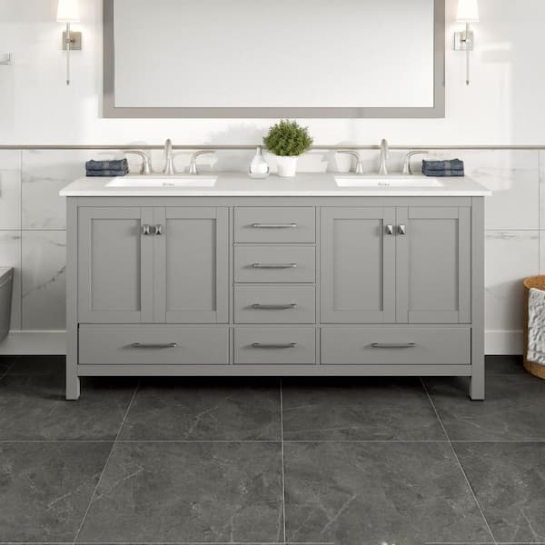 Aberdeen 72 in. Double Sink Gray Bath Vanity with White Carrara Quartz Top (Assembled)
