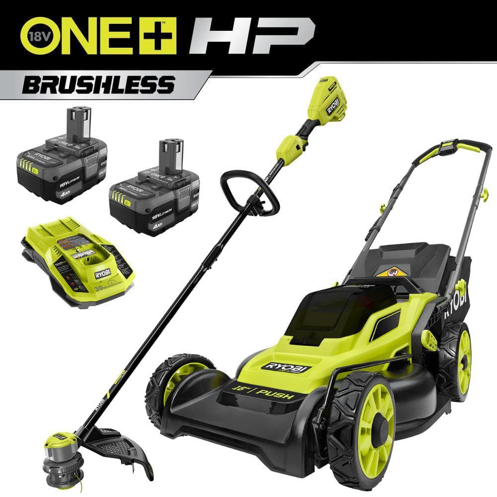ONE+ HP 18V Brushless 16 in. Cordless Walk Behind Push Lawn Mower & String Trimmer w/ (2) 4.0 Ah Batteries & (1) Charger -  RYOBI, P1190-P20019BTL