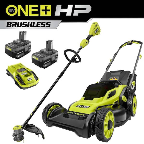 ONE+ HP 18V Brushless 16 in. Cordless Walk Behind Push Lawn Mower & String Trimmer w/ (2) 4.0 Ah Batteries & (1) Charger
