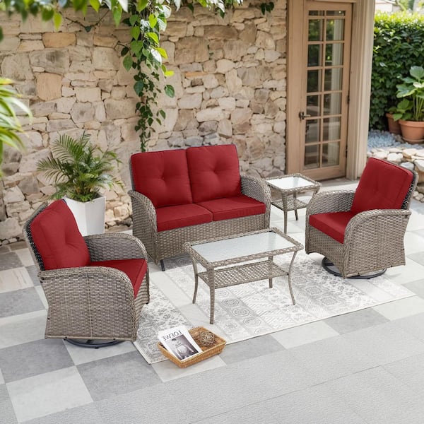 SleekArm 5-Piece Gray Wicker Patio Conversation Set with Olefin Gray Cushion/Glider Loveseat with Patio Swivel Chairs