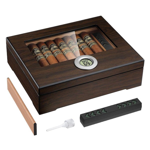 does home depot sell tobacco products Unbranded 10.08 in. W x 8 in. H Black Spanish Cedar Wood Cigar Humidor  w/Digital Hygrometer, Glass Top, Divider,Holds 20-35 Cigars SA1059B276