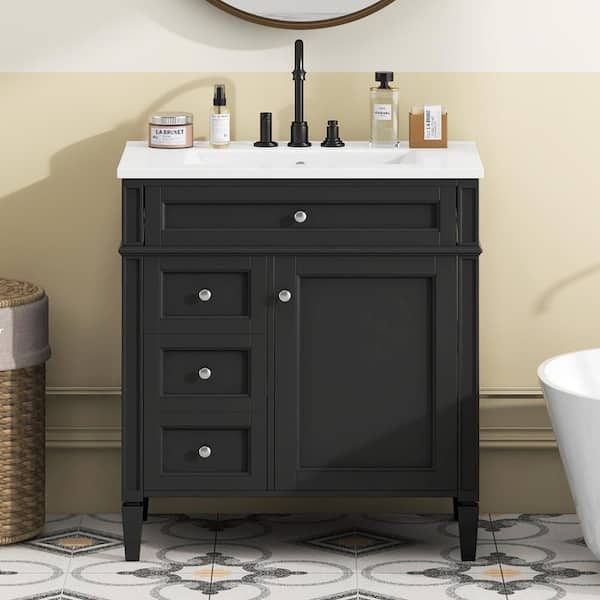 30 in. W Single Sink Bath Vanity in Black with White Ceramic Top, 2 Drawers and a Tip-Out Drawer Unassembled