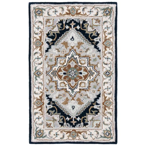 SAFAVIEH Heritage Gray/Navy Doormat 3 ft. x 5 ft. Border Floral Medallion Area Rug