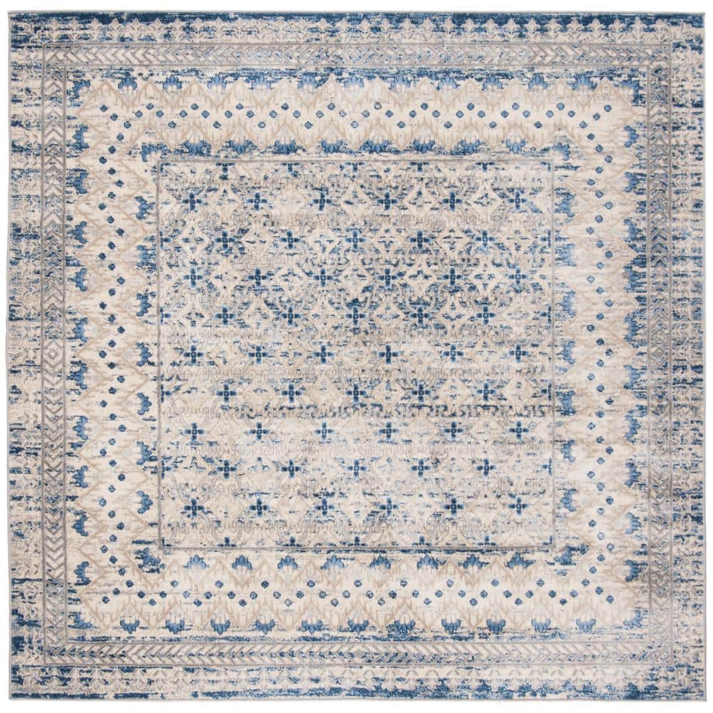 Light Grey and Blue Square Synthetic Geometric Area Rug