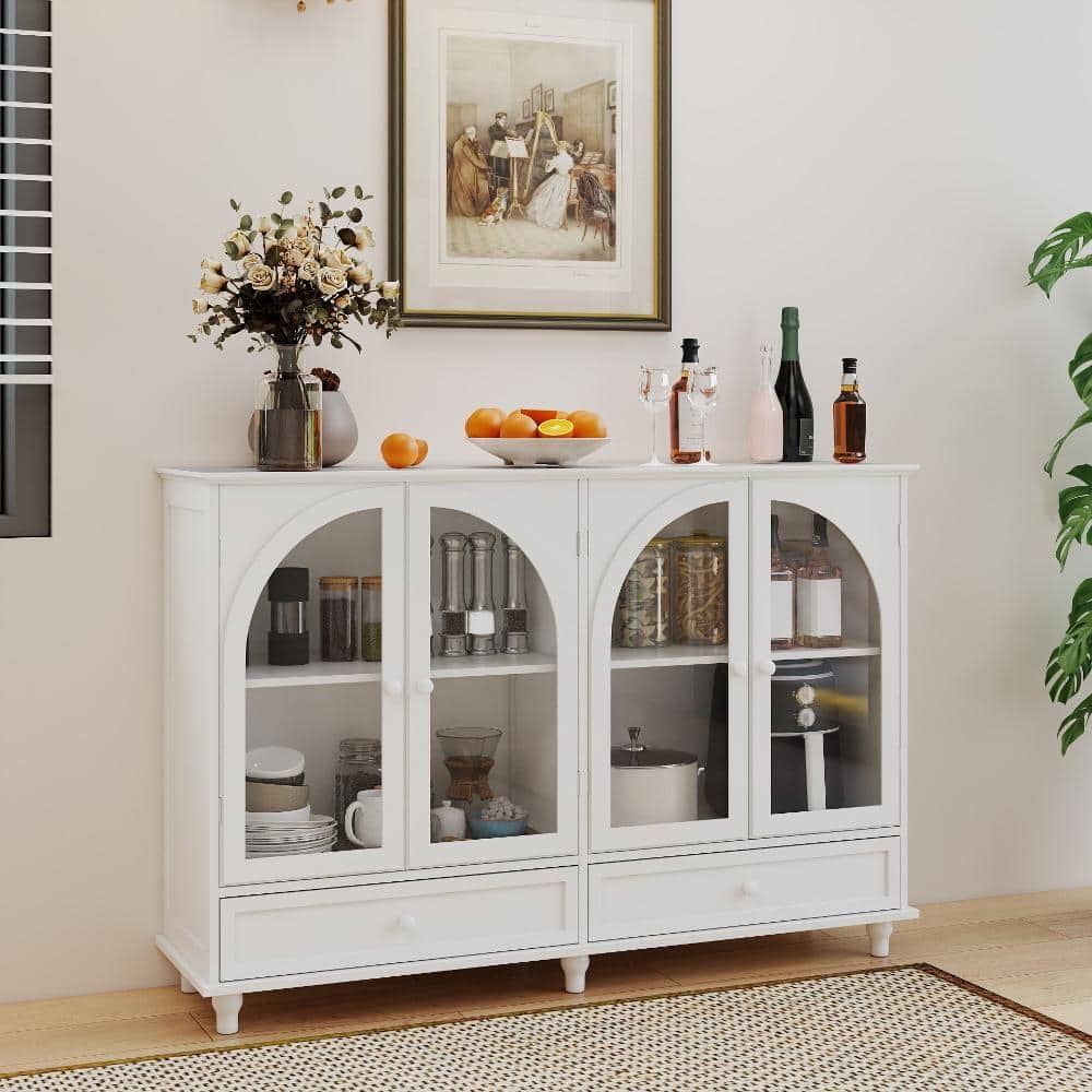 White Farmhouse Sideboard with 4 Arched Glass Doors, 2 Drawers & Adjustable Shelves, Kitchen Dining Buffet