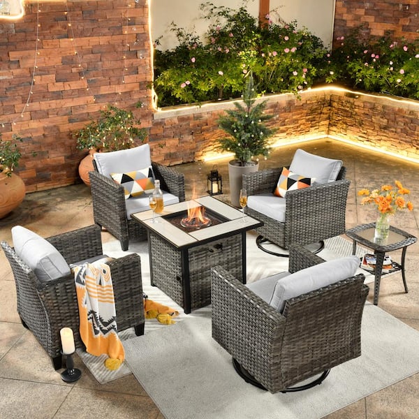 OVIOS New Vultros Gray 5-Piece Wicker Patio Fire Pit Conversation Set with Gray Cushions and Swivel Rocking Chairs