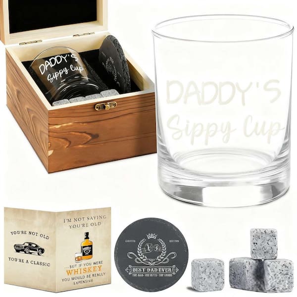 Daddy's Sippy Cup Vintage Whiskey Glass Gift Set 11 oz. Includes Coaster, Whisky Stones and Card (7-Piece Set)
