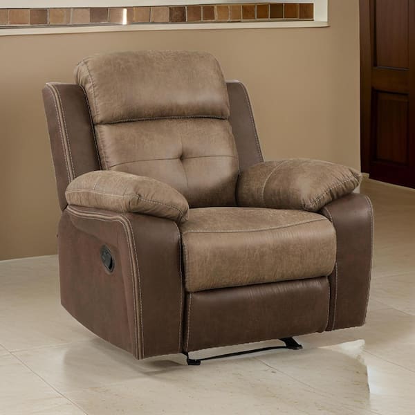 Benjara Brown Microfiber Manual Glider Recliner with Solid Wood