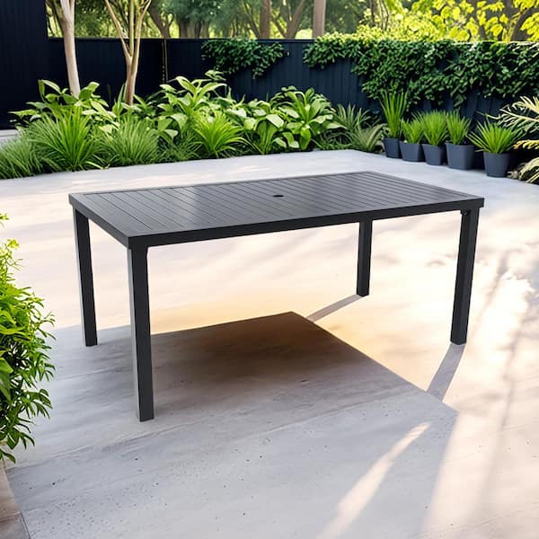 35.5 in. x 67 in. Rectangular Outdoor Dining Table with Adjustable Foot Pads, Umbrella Hole with Matching Cover, Black
