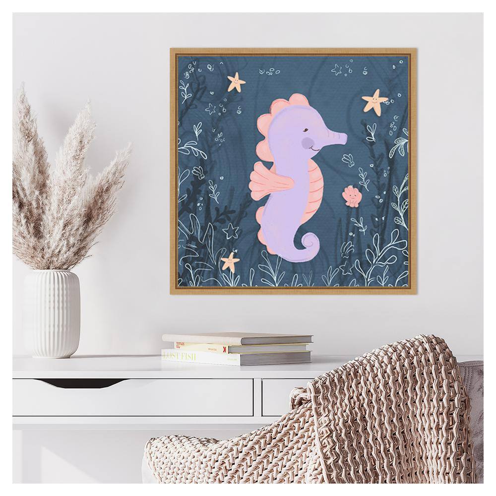 Seahorse and Turtle Blue I Pastel Canvas Wall Art with Maple Frame