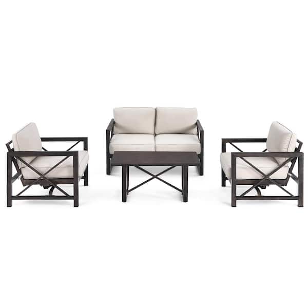 Costway 4-Pieces Metal Patio Conversation Set Rocking Single Sofa with Beige Cushions