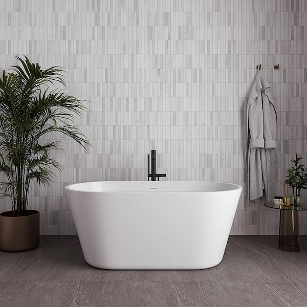 54 in. x 29 in. Acrylic Freestanding Soaking Bathtub in Glossy White with Matte Black Drain