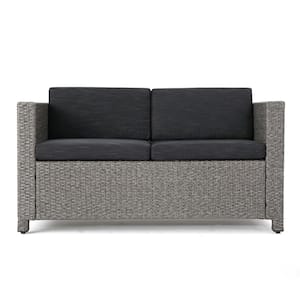 Gray PE Rattan Wicker Iron Outdoor Loveseat with Mixed Black Cushions