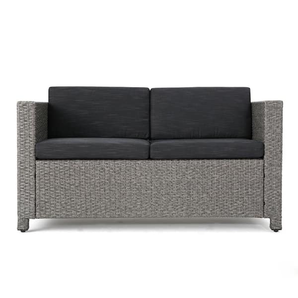 Zeus & Ruta Gray PE Rattan Wicker Iron Outdoor Loveseat with Mixed Black Cushions