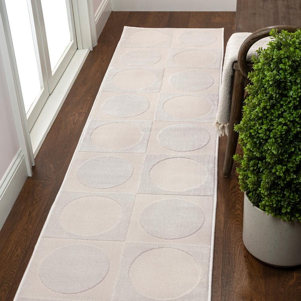 JONATHAN Y Helena Modern Geometric Circles In Squares High-Low White/Cream 2 ft. x 8 ft. Runner Rug