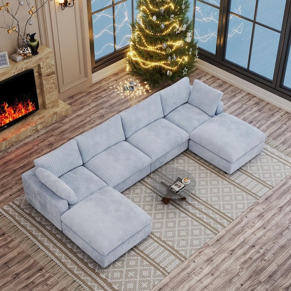 J&E Home 157.48 in. Square Arm 6-Piece Rabbit Velvet Plush Modular Free Combination Sectional Sofa with Ottoman in Gray