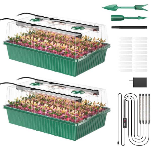 2 Pack Green Base Plastic Seed Starter Tray, 120-Cells Seed Starter Kit with Grow Light and Air Vent Humidity Domes