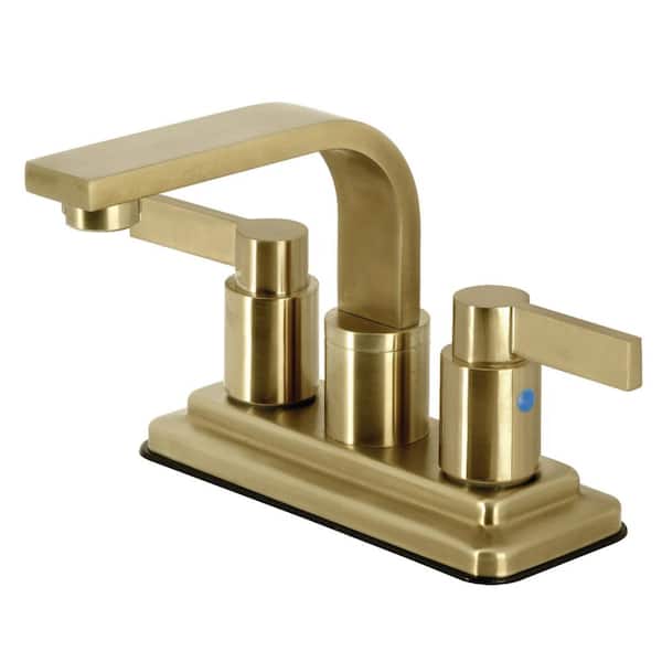 Kingston Brass NuvoFusion 4 in. Centerset Double Handle Bathroom Faucet with Drain Kit Included in Brushed Brass