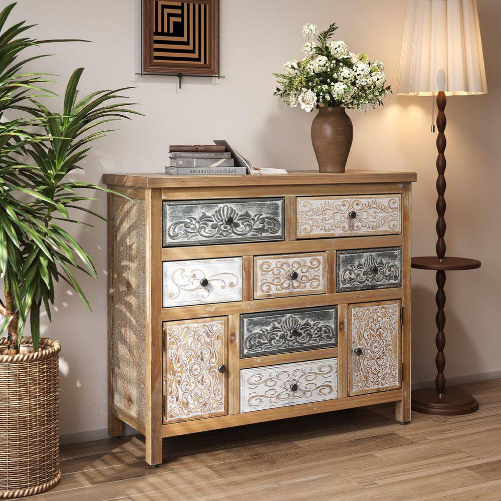 39 in. Brown Vintage Wooden Accent Chest with 6/7 Drawers, Rustic Multicolor Carved Storage