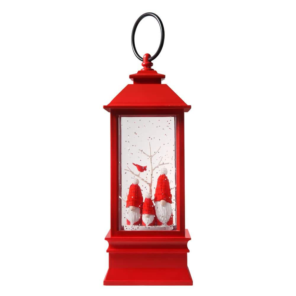 Haute Decor 8.5 in. Red Christmas Snowburst Animated Gnome Trio Lantern Snow Globe with Built-in Timer