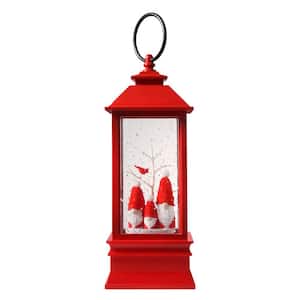 8.5 in. Red Christmas Snowburst Animated Gnome Trio Lantern Snow Globe with Built-in Timer