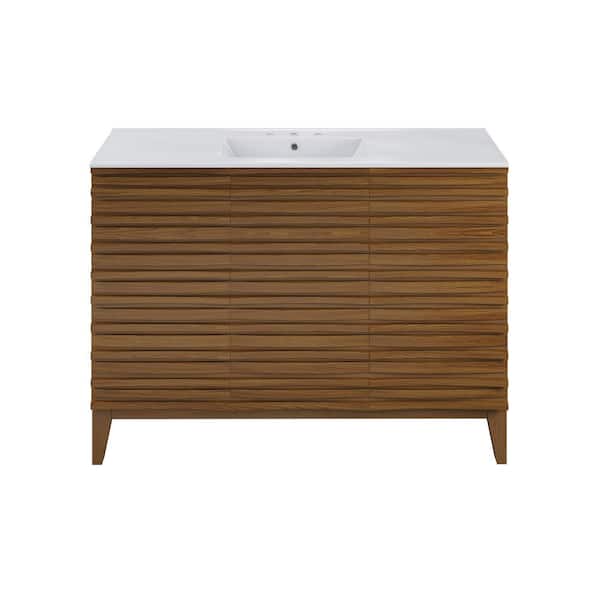 Swiss Madison Cascade 48 in. W Bathroom Vanity in Brown Oak with White, 3-Hole Ceramic Sink Top