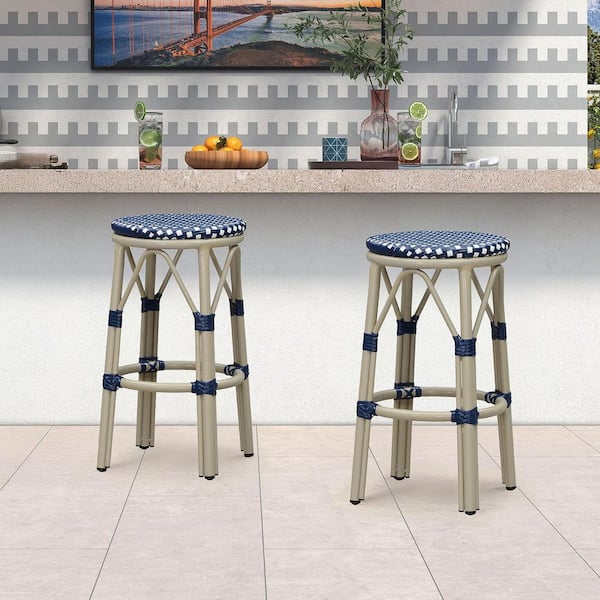 Modern Aluminum Backless Rattan Counter Height Outdoor Bar Stool with Navy Blue and White Cushion, Champagne(2-Pack)