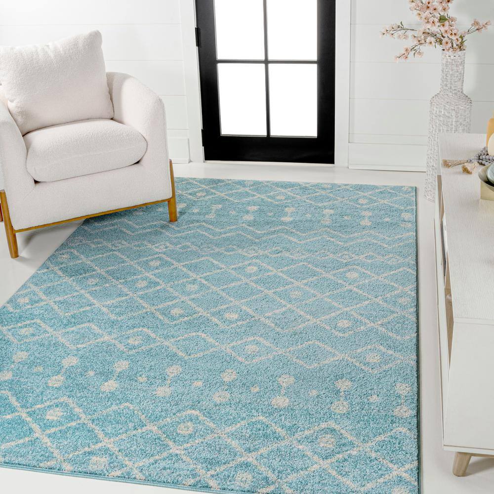 Turquoise and Cream Moroccan Synthetic Area Rug, 5'3" x 7'7"