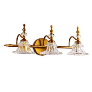 23 in. 3-Light Antique Brass Bell Vanity Light Fixture with Clear Glass Shades (Bulbs Not Included)