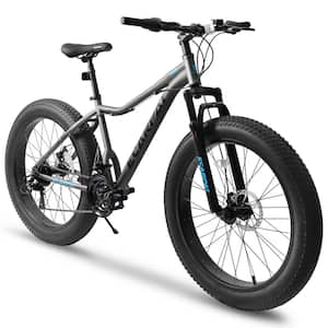 26 in. Gray Fat Tires Mountain Bike, 21-Speed Disc Brakes, Men/Women Trail Beach Snow Commuter City Mountain Bike