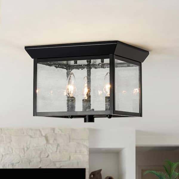 HUOKU Taller 3-Light 11.4 in. W Matte Black Flush Mount Square Ceiling Light with Seeded Glass for Living Room Hallway