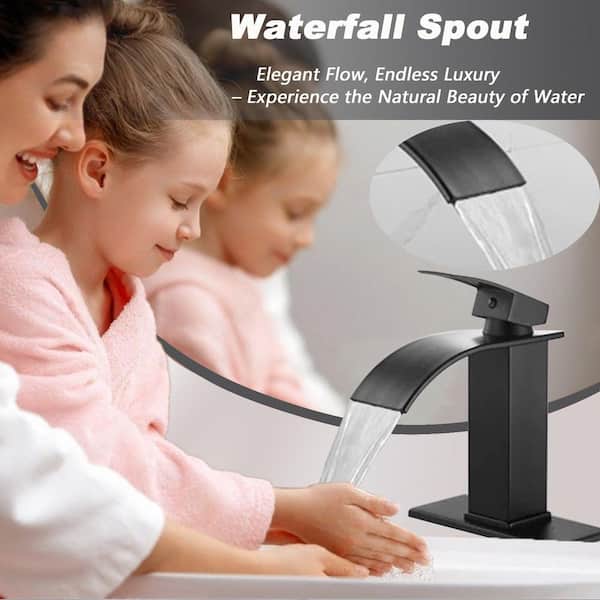 Waterfall Single Handle Single Hole Low-Arc Bathroom Faucet Drip-Free Vanity Sink Faucet with Deck Plate in Matte Black