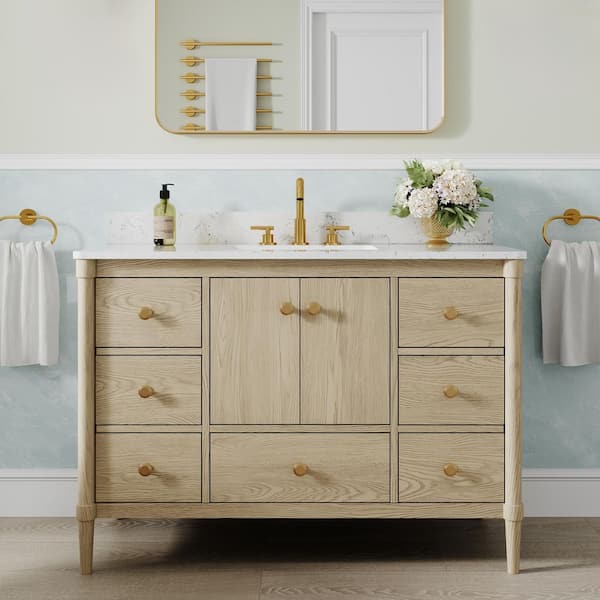 48 in. OAK Solid Wood Bath Vanity with Carrara White Quartz Top, Soft-Close Doors, Drawers, CUPC Certified, Assembled