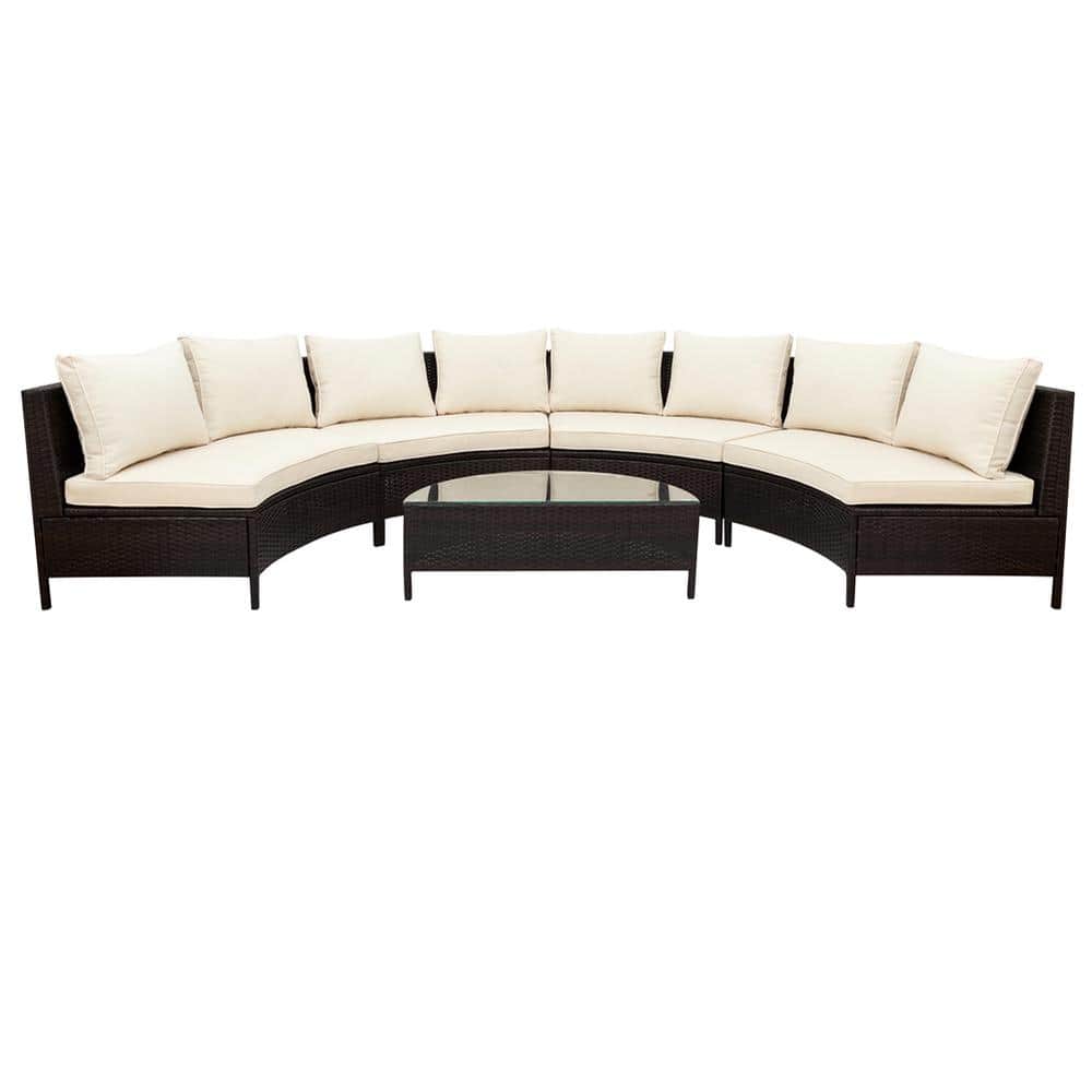 Brown 5-Pieces PE Rattan Wicker Conversation Set Sectional Set with Tempered Glass Table and Beige Cushions price history on PriceWatchPro