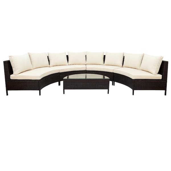 waelph Brown 5-Pieces Half-Moon Shape PE Rattan Wicker Conversation Set with Tempered Glass Table and Beige Cushions