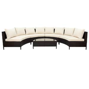Brown 5-Pieces PE Rattan Wicker Conversation Set Sectional Set with Tempered Glass Table and Beige Cushions
