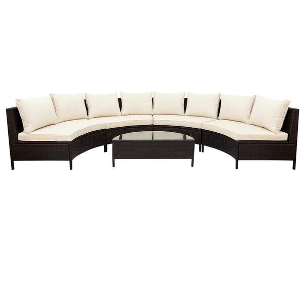 waelph Brown 5-Pieces PE Rattan Wicker Conversation Set Sectional Set with Tempered Glass Table and Beige Cushions